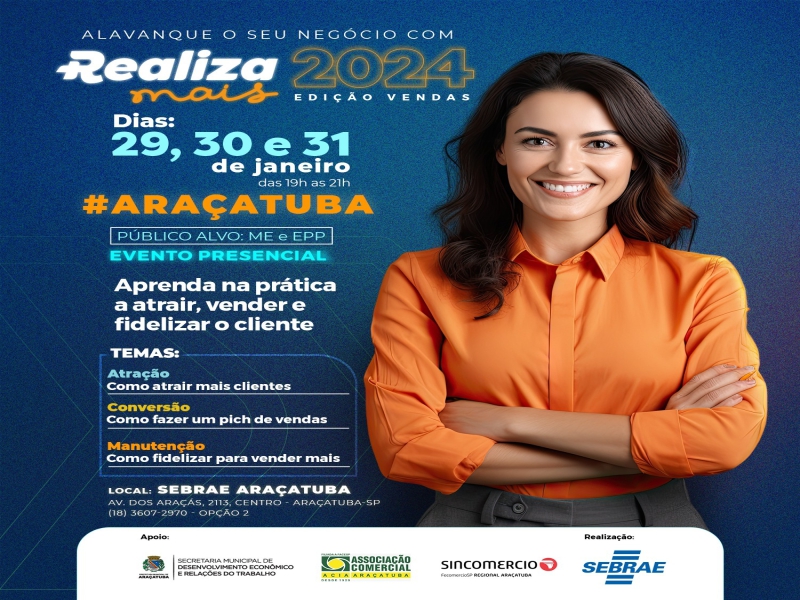 Curso gratuito do Sebrae-SP sobre vendas será realizado em Araçatuba